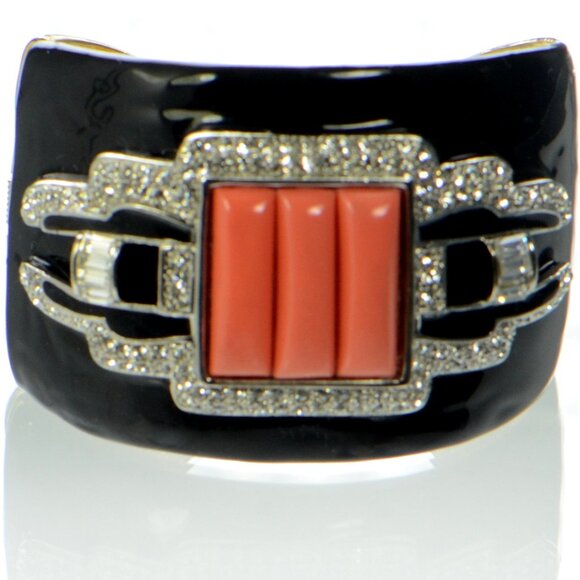 Kenneth Jay Lane KJL Black Enamel Coral Deco Cuff Bracelet - Picture 1 of 6